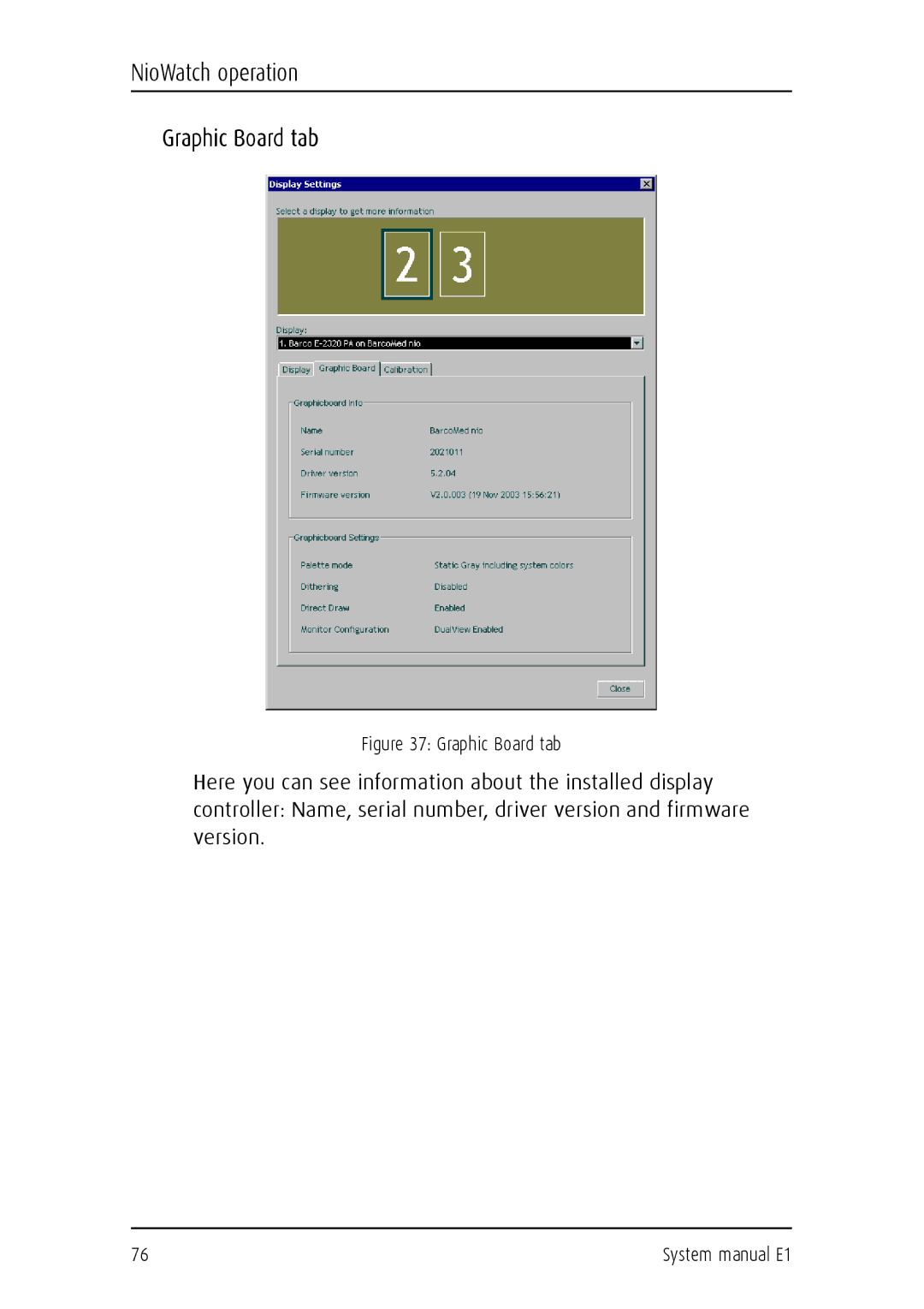 Barco E1 manual NioWatch operation Graphic Board tab 