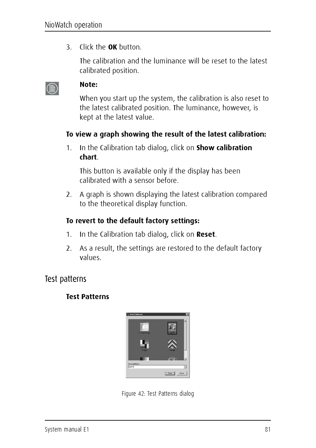 Barco E1 manual Test patterns, To revert to the default factory settings, Test Patterns 