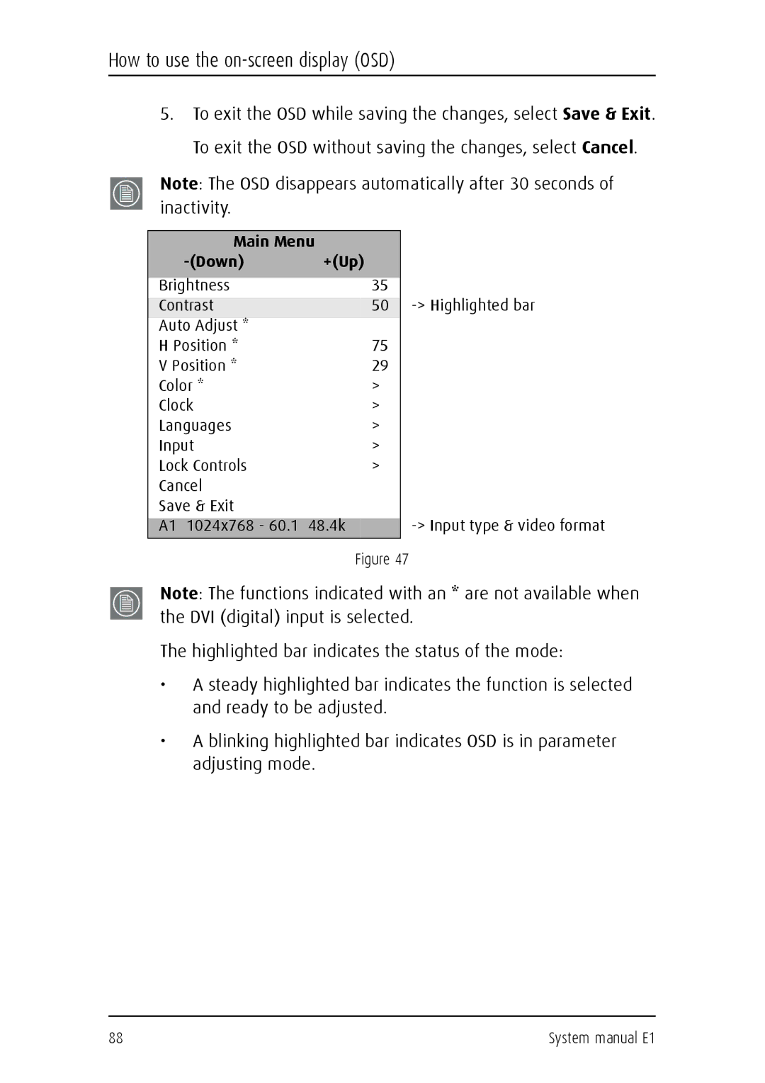 Barco E1 manual Main Menu Down +Up 