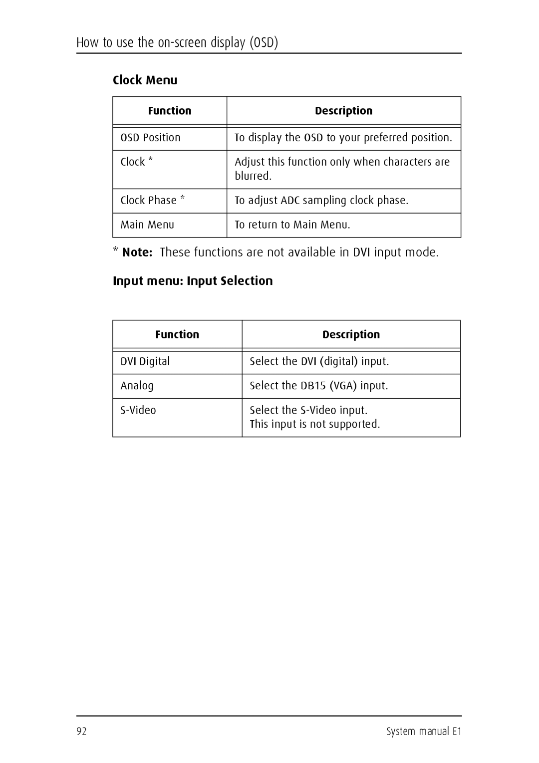 Barco E1 manual Clock Menu, Input menu Input Selection 