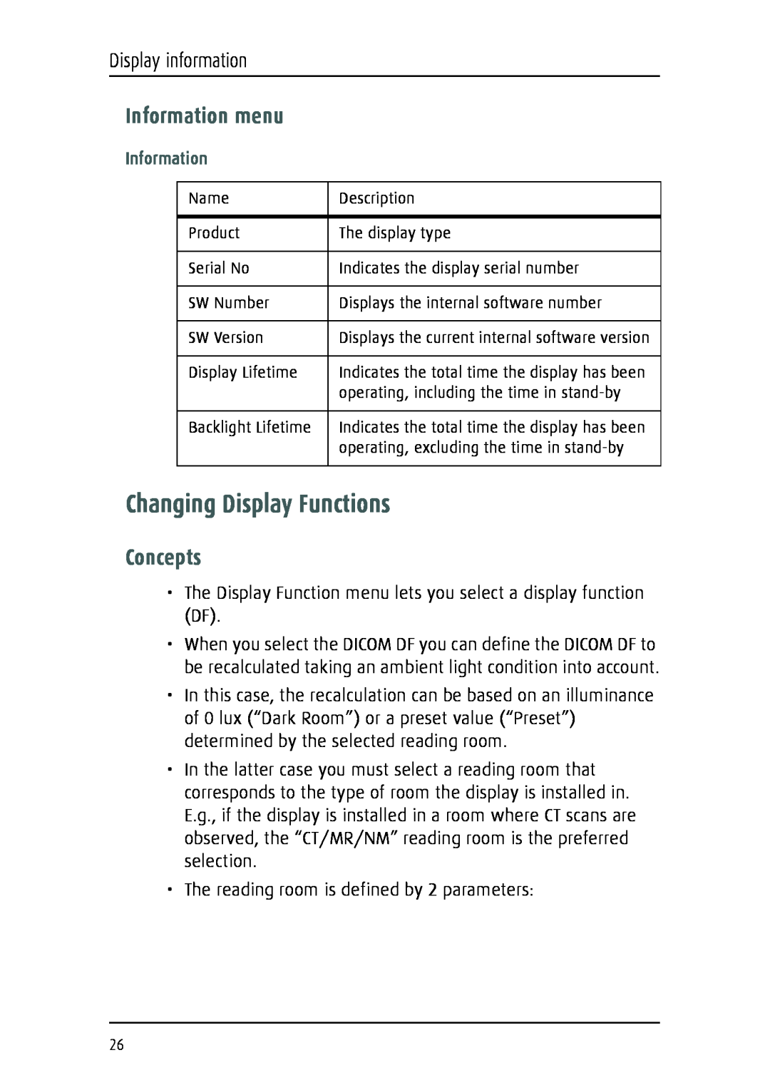 Barco Fusion 4MP manual Changing Display Functions, Information menu, Concepts, Display information 