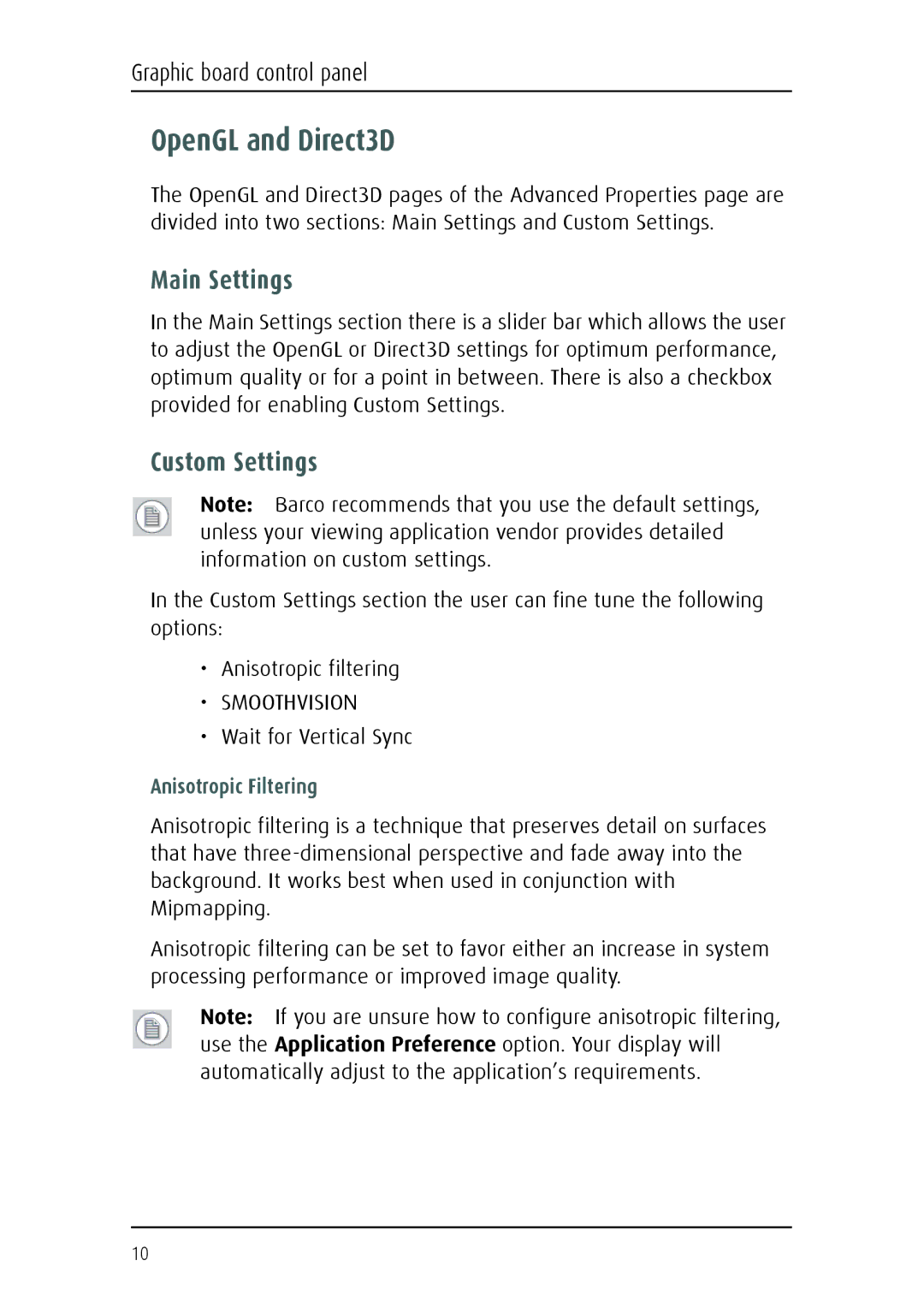 Barco Fusion 4MP manual OpenGL and Direct3D, Main Settings, Custom Settings, Wait for Vertical Sync, Anisotropic Filtering 