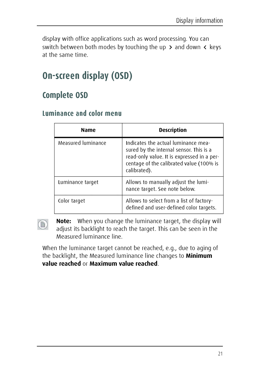 Barco Fusion 4MP manual On-screen display OSD, Complete OSD, Luminance and color menu 