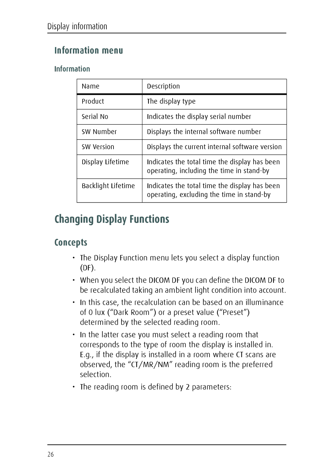 Barco Fusion 4MP manual Changing Display Functions, Information menu, Concepts 