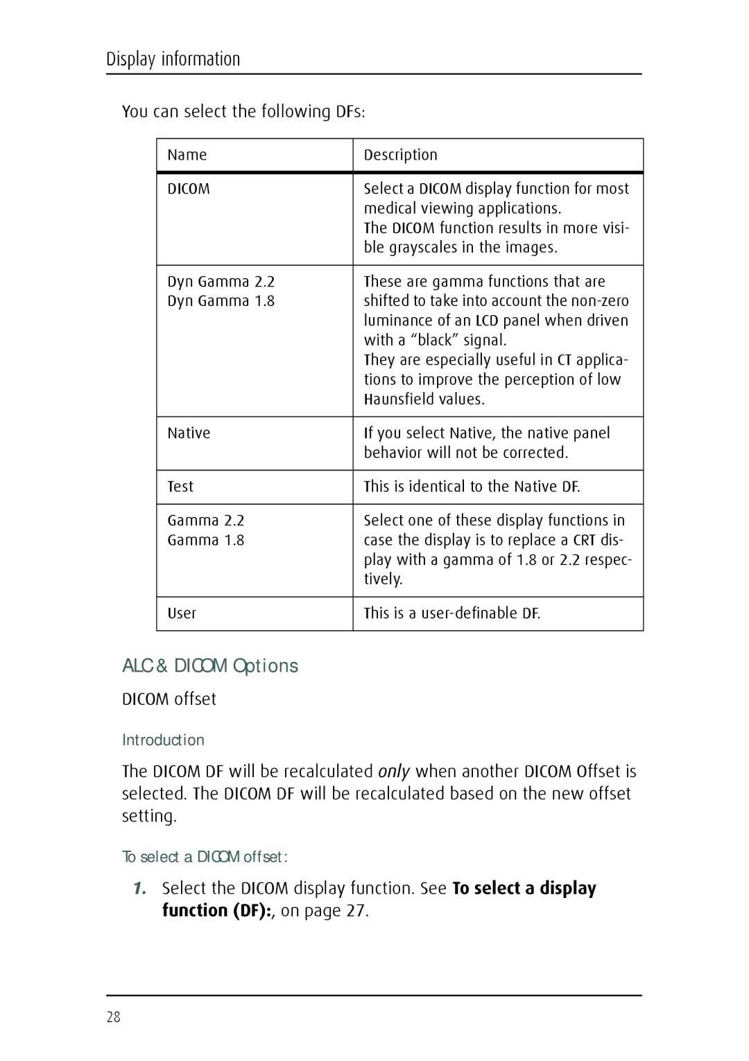 Barco Fusion 4MP manual ALC & Dicom Options, You can select the following DFs, Dicom offset, Introduction 