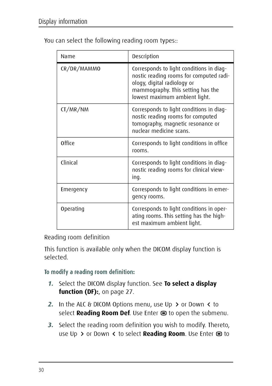 Barco Fusion 4MP manual You can select the following reading room types, To modify a reading room definition 