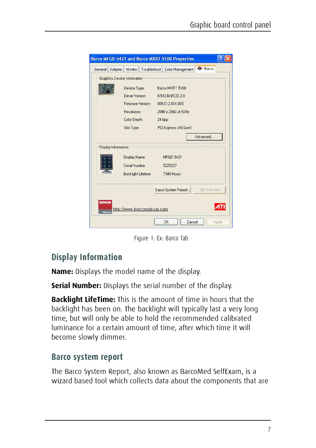 Barco Fusion 4MP manual Display Information, Barco system report 