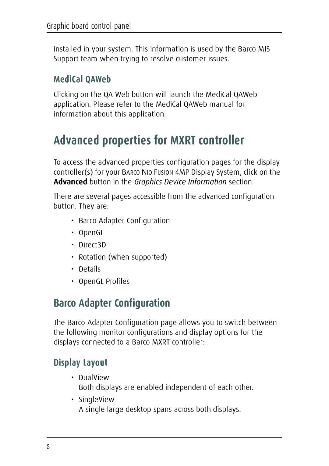 Barco Fusion 4MP manual Advanced properties for Mxrt controller, Barco Adapter Configuration, MediCal QAWeb, Display Layout 