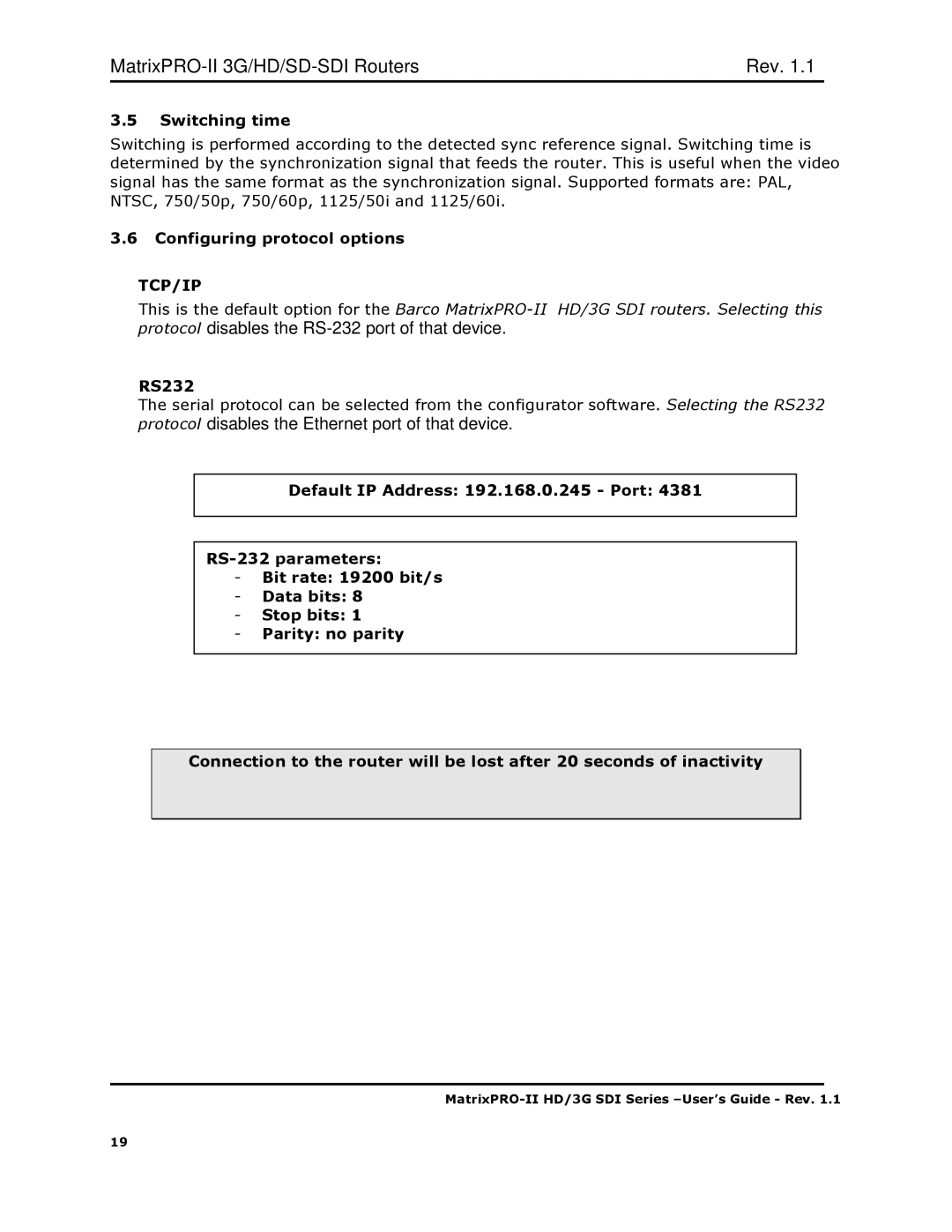 Barco 3G/HD/SD-SD, HD/3G SDI user manual Switching time, Configuring protocol options, Tcp/Ip, RS232 