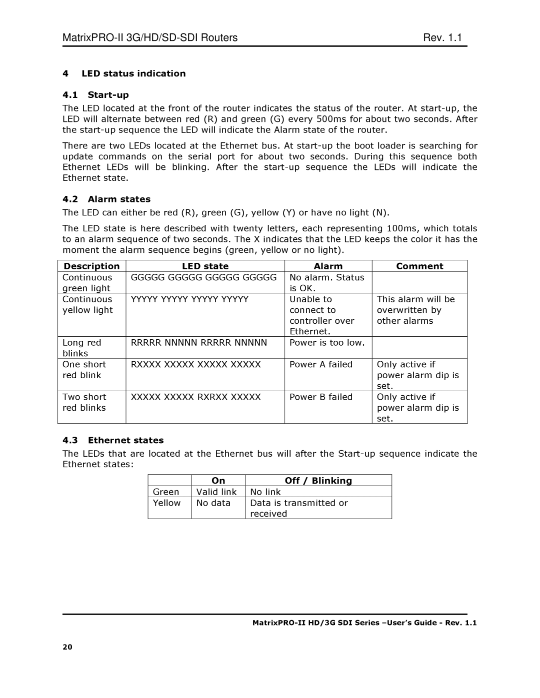 Barco HD/3G SDI LED status indication Start-up, Alarm states, Description LED state Alarm Comment, Ethernet states 