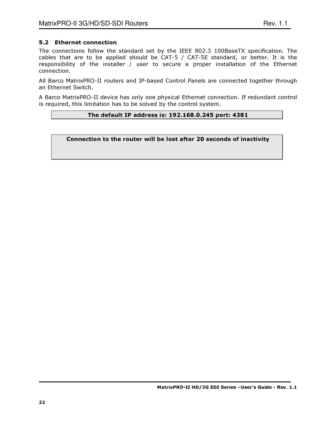 Barco HD/3G SDI, 3G/HD/SD-SD user manual Ethernet connection 