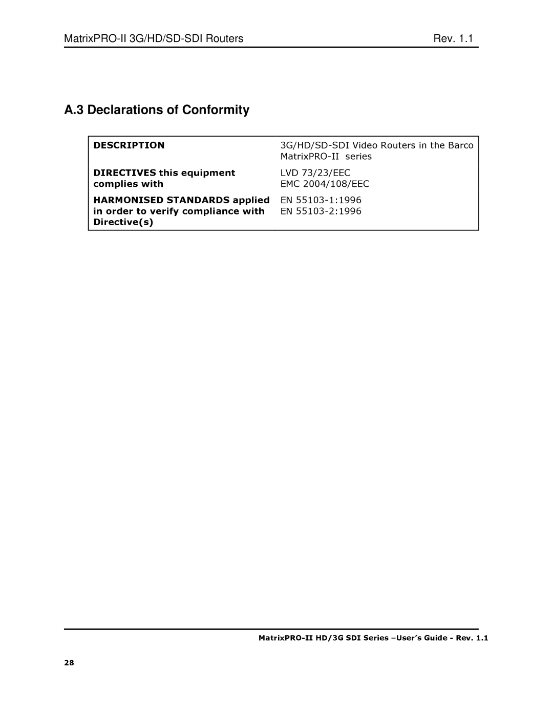 Barco HD/3G SDI, 3G/HD/SD-SD user manual Declarations of Conformity, Description 