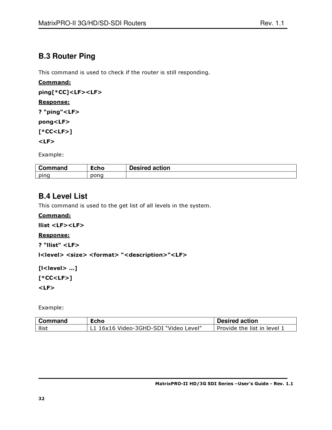 Barco HD/3G SDI, 3G/HD/SD-SD user manual Router Ping, Command Ping*CCLFLF Response ? pingLF pongLF *CCLF LF 