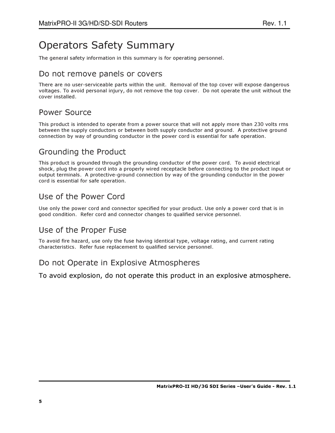 Barco 3G/HD/SD-SD, HD/3G SDI user manual Operators Safety Summary 