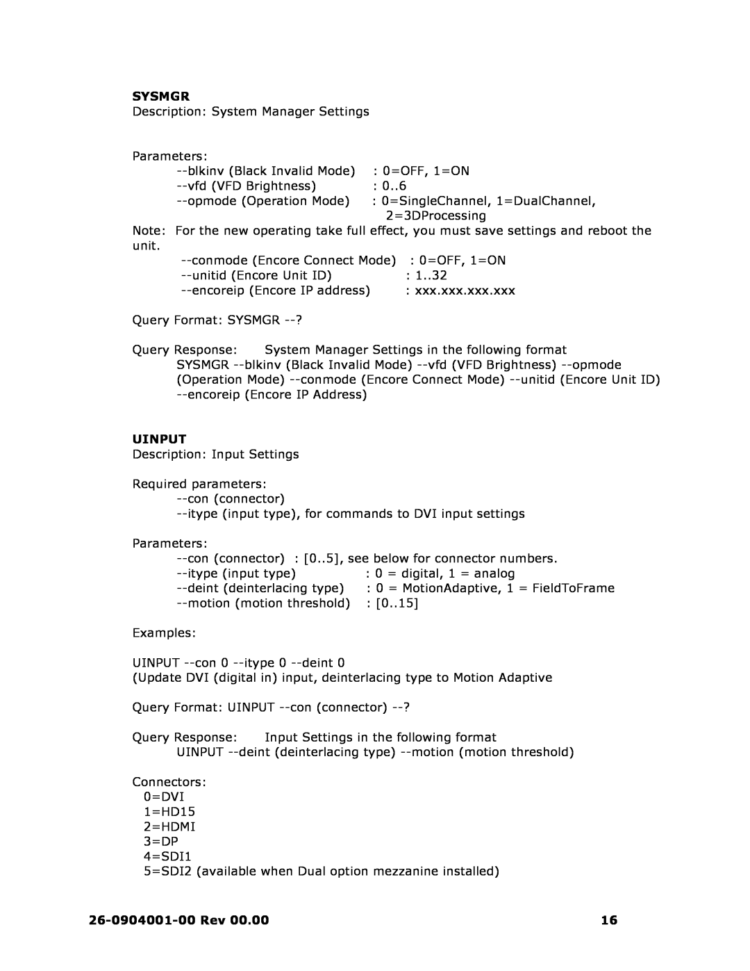Barco II manual Sysmgr, Uinput, 26-0904001-00 Rev 