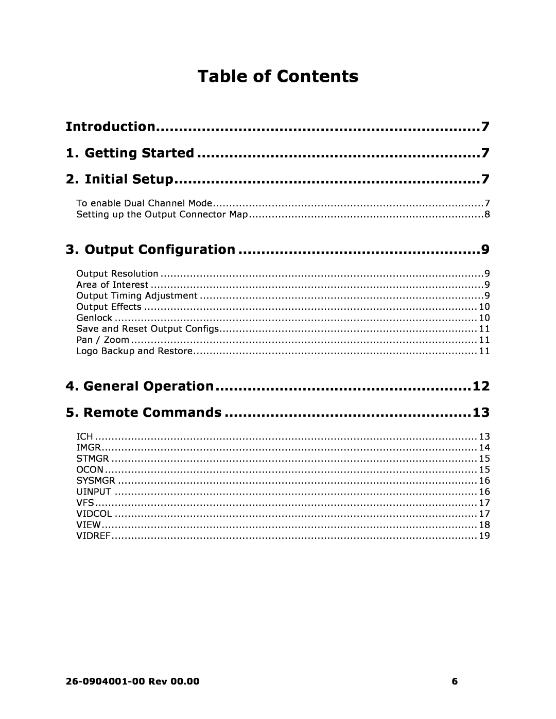 Barco II manual Table of Contents, Introduction, Getting Started, Initial Setup, Output Configuration, General Operation 