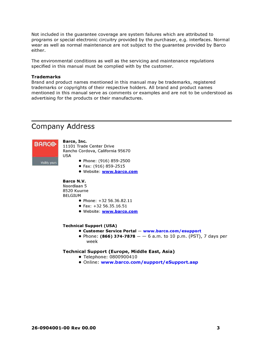 Barco II manual Company Address, Trademarks 