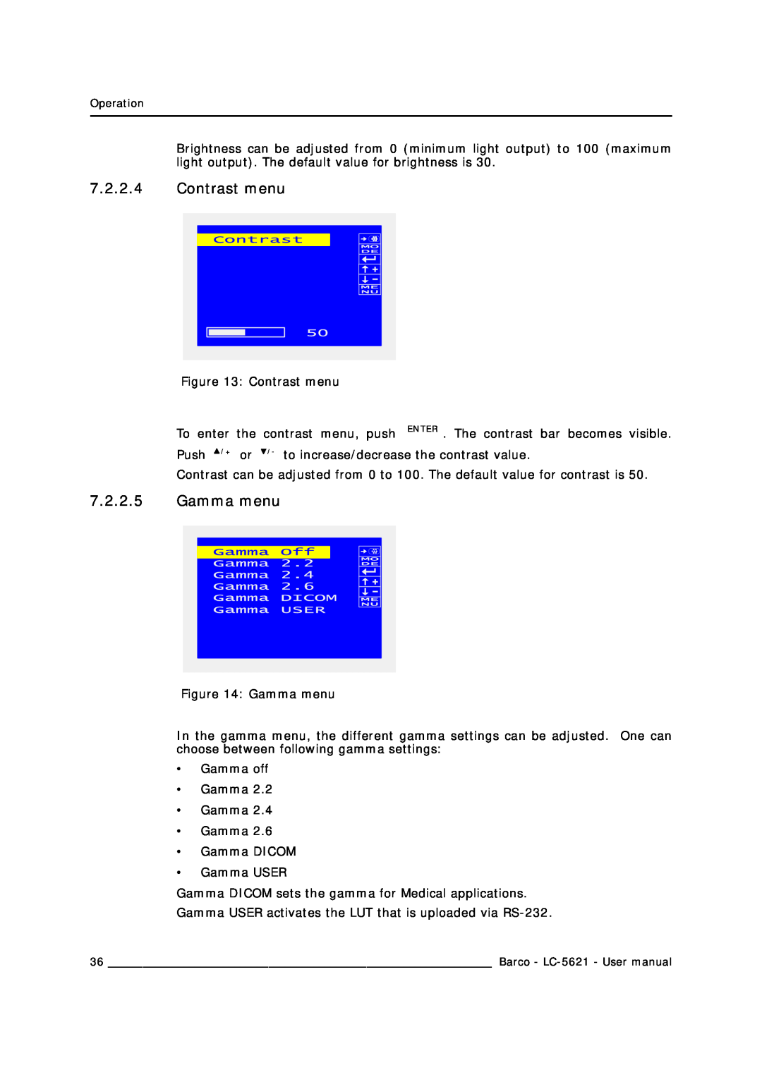 Barco LC-5621 user manual Contrast menu, Gamma menu 