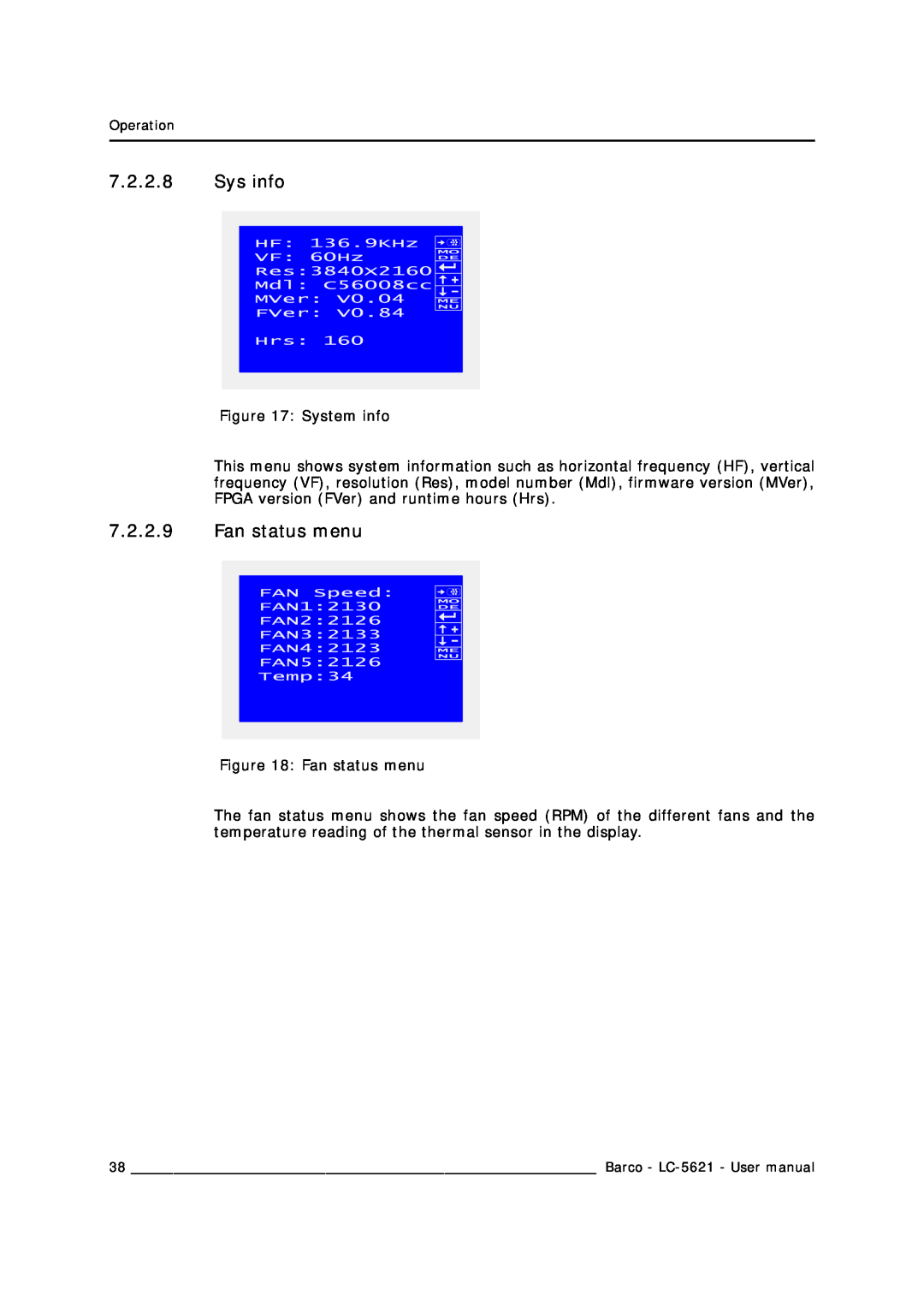 Barco LC-5621 user manual Sys info, Fan status menu 