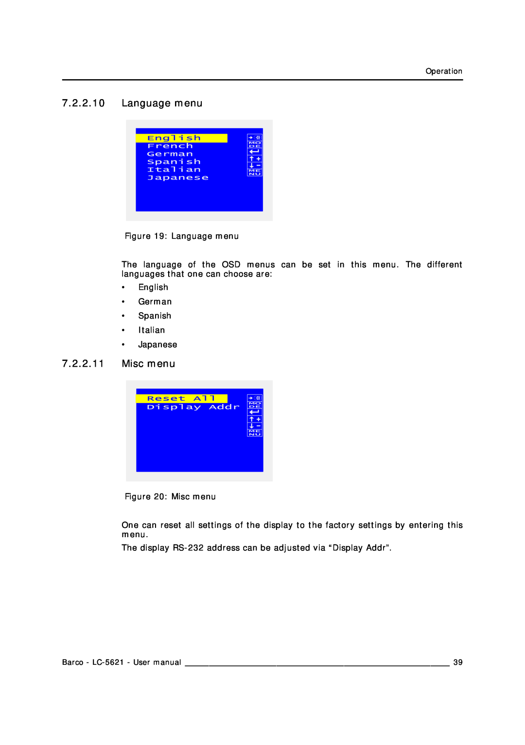 Barco LC-5621 user manual Language menu, Misc menu 