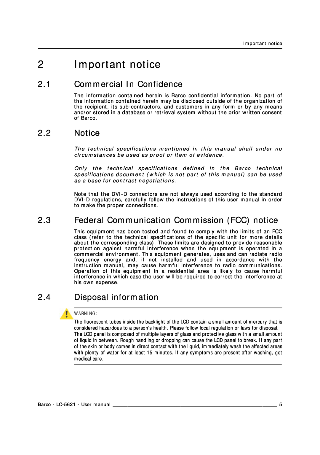 Barco LC-5621 user manual Important notice, Commercial In Confidence, Federal Communication Commission FCC notice 