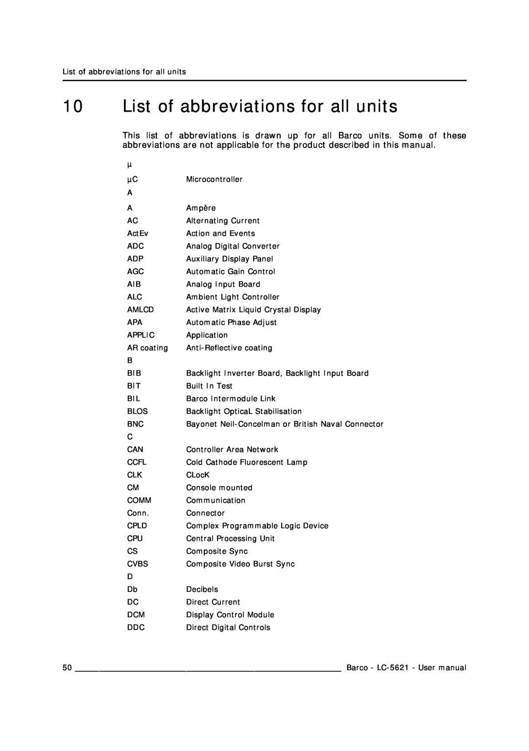Barco LC-5621 user manual List of abbreviations for all units 