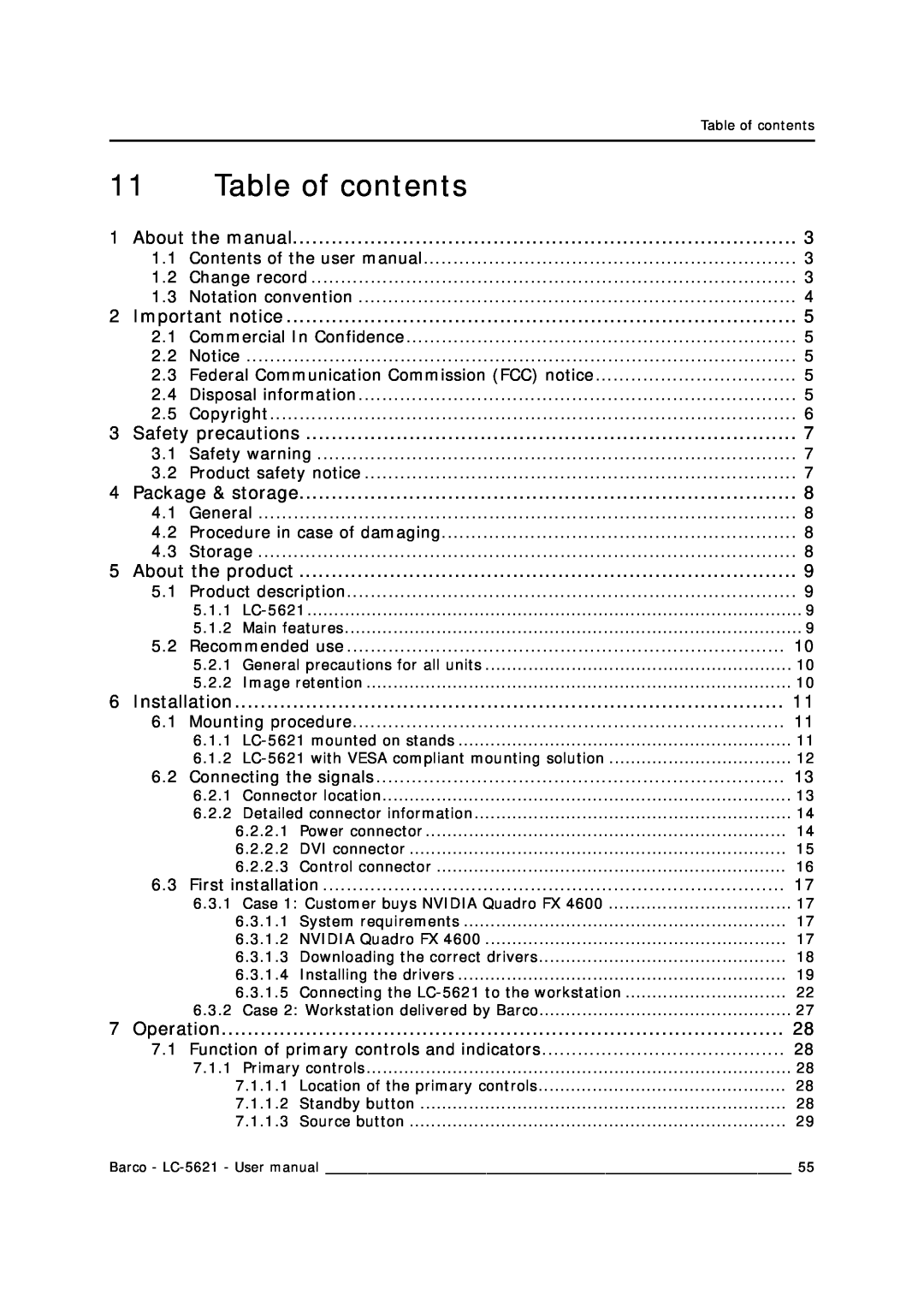 Barco LC-5621 user manual Table of contents, Installation 