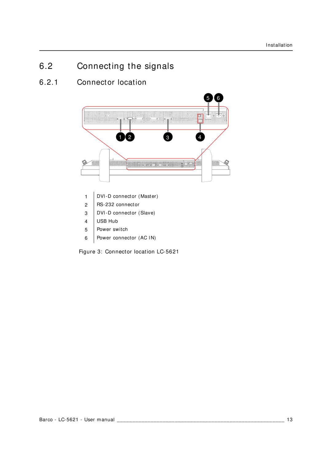 Barco LC-5621 user manual Connecting the signals, Connector location 