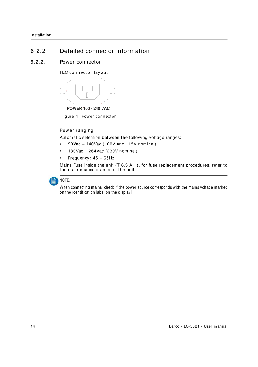 Barco LC-5621 user manual Detailed connector information, Power connector, IEC connector layout, Power ranging 