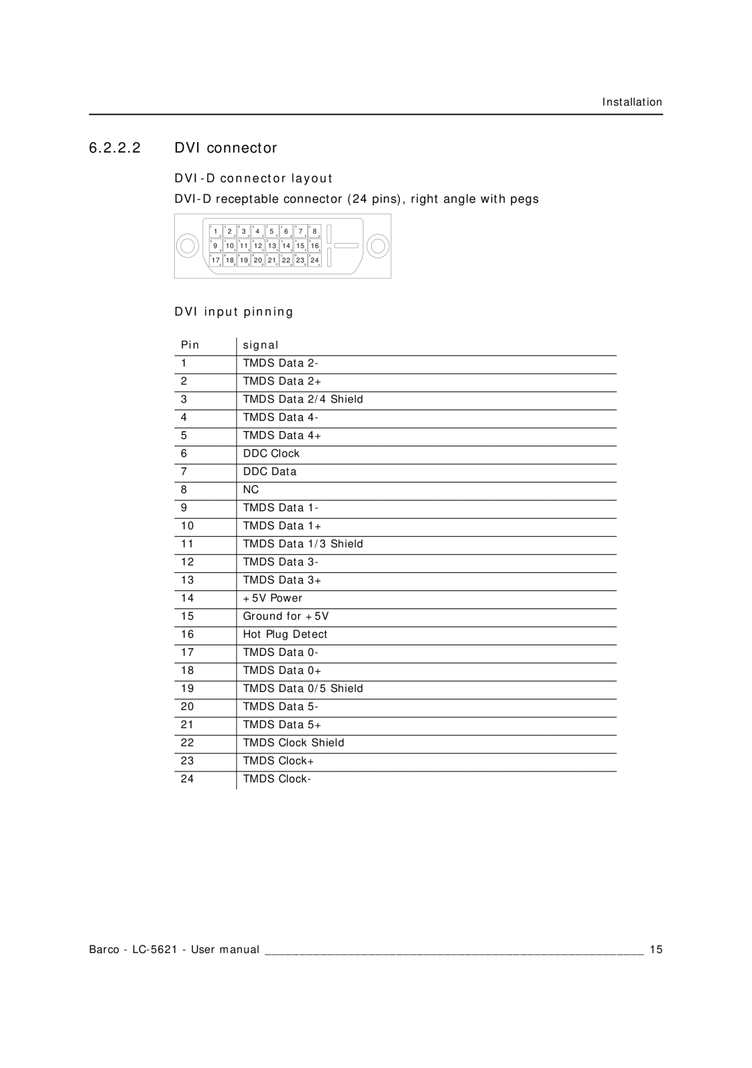 Barco LC-5621 user manual DVI connector, DVI-D connector layout, DVI input pinning 