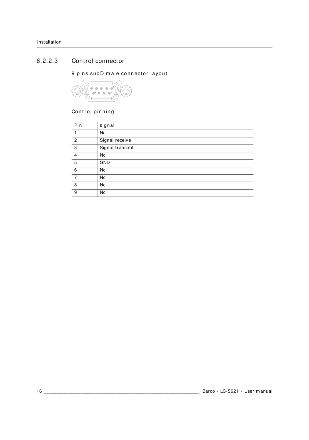 Barco LC-5621 user manual Control connector, Pins subD male connector layout Control pinning 