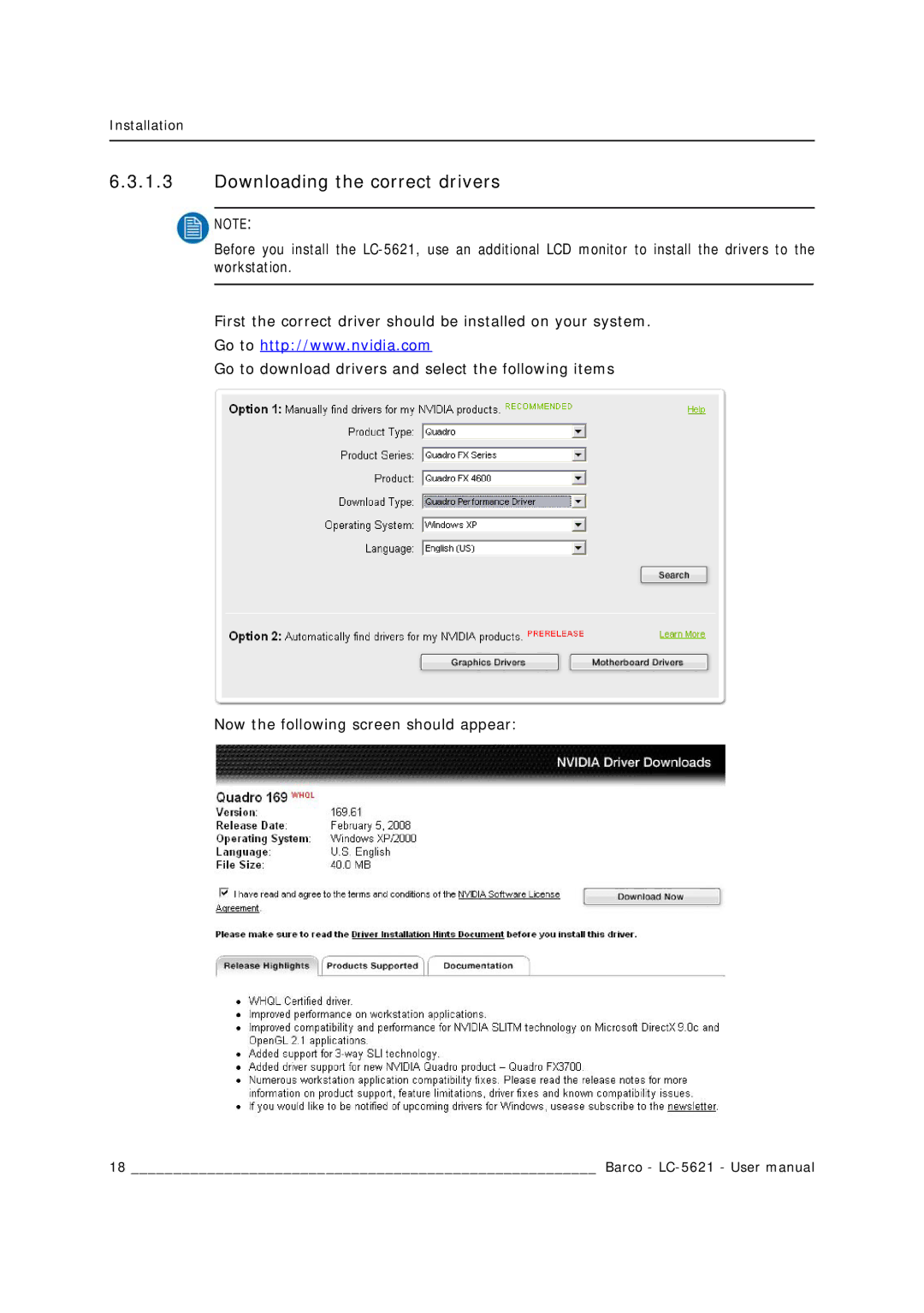 Barco LC-5621 user manual Downloading the correct drivers 