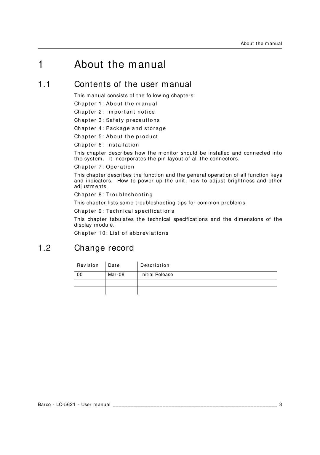 Barco LC-5621 user manual About the manual, Change record 