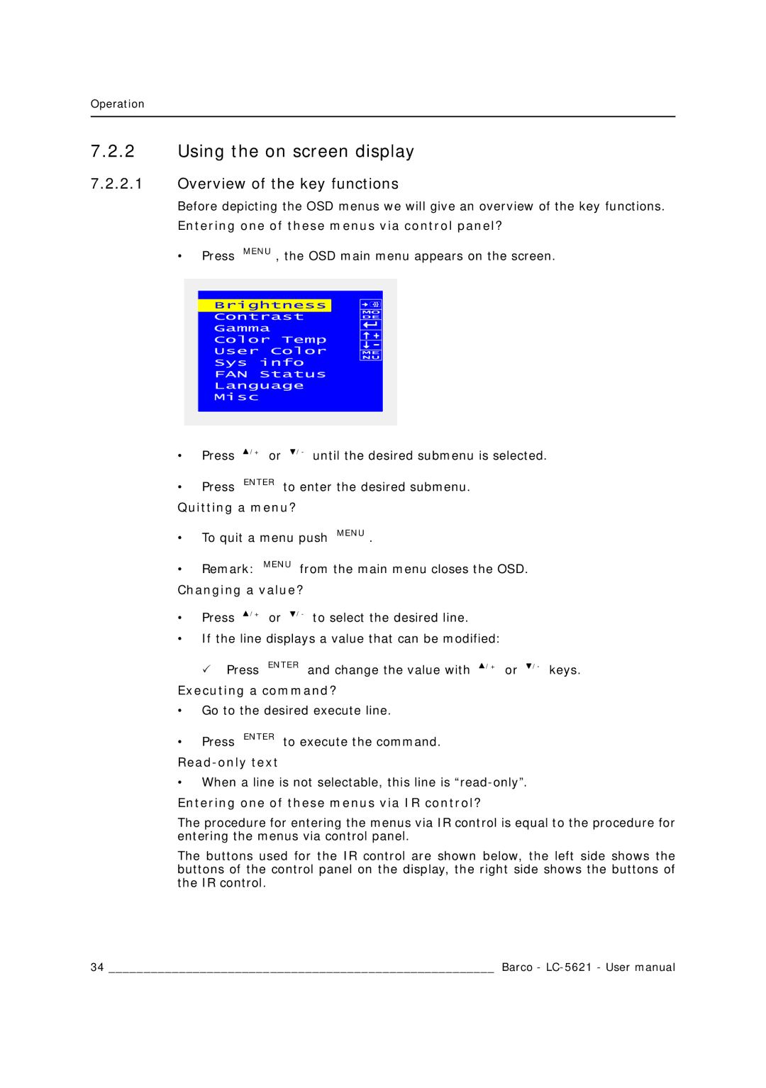 Barco LC-5621 user manual Using the on screen display, Overview of the key functions 