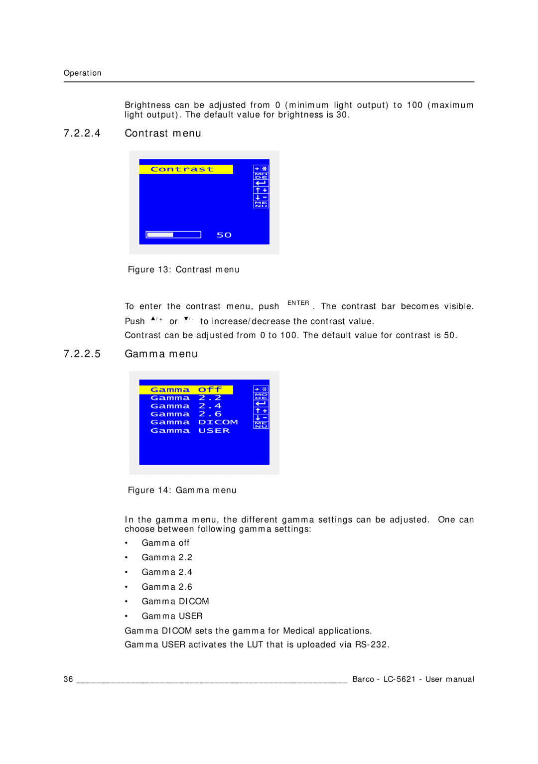 Barco LC-5621 user manual Contrast menu, Gamma menu 