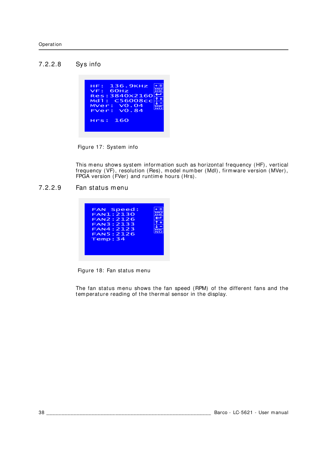 Barco LC-5621 user manual Sys info, Fan status menu 