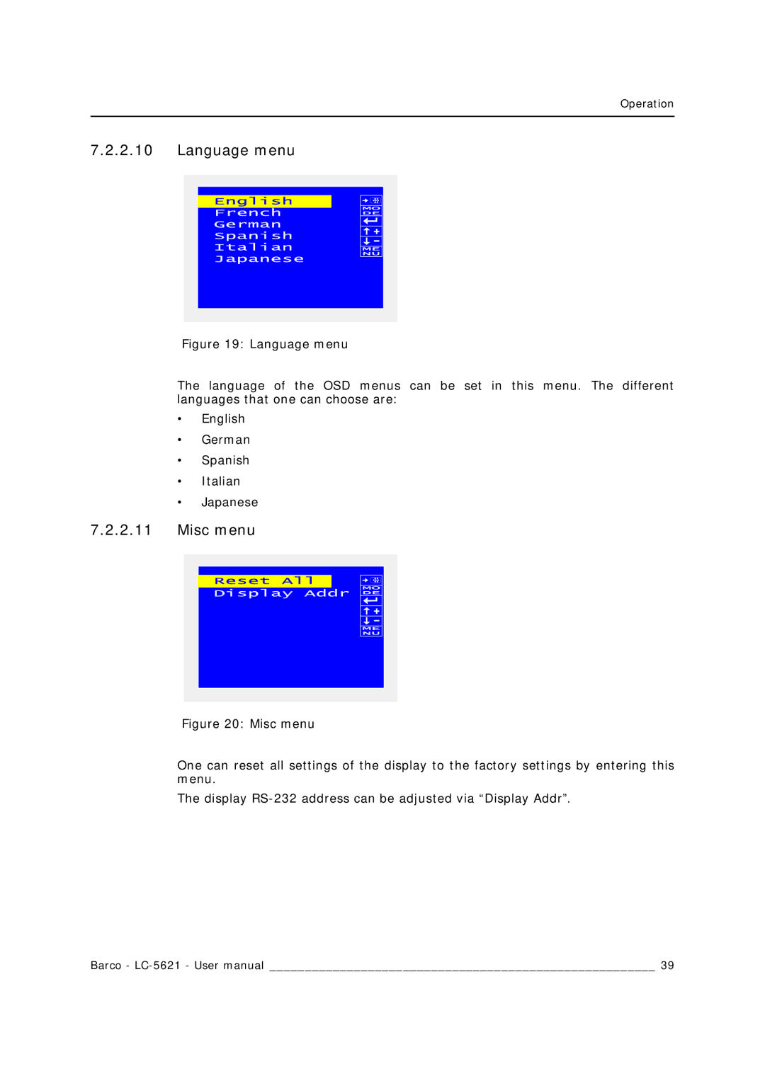 Barco LC-5621 user manual Language menu, Misc menu 