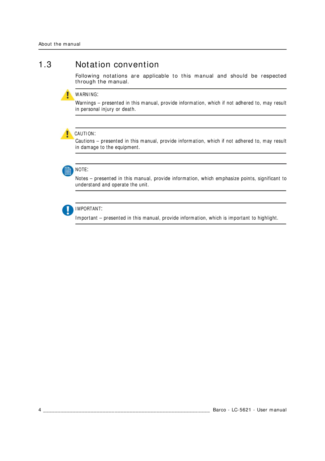 Barco LC-5621 user manual Notation convention 