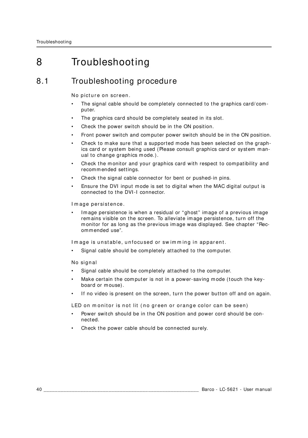 Barco LC-5621 user manual Troubleshooting procedure 