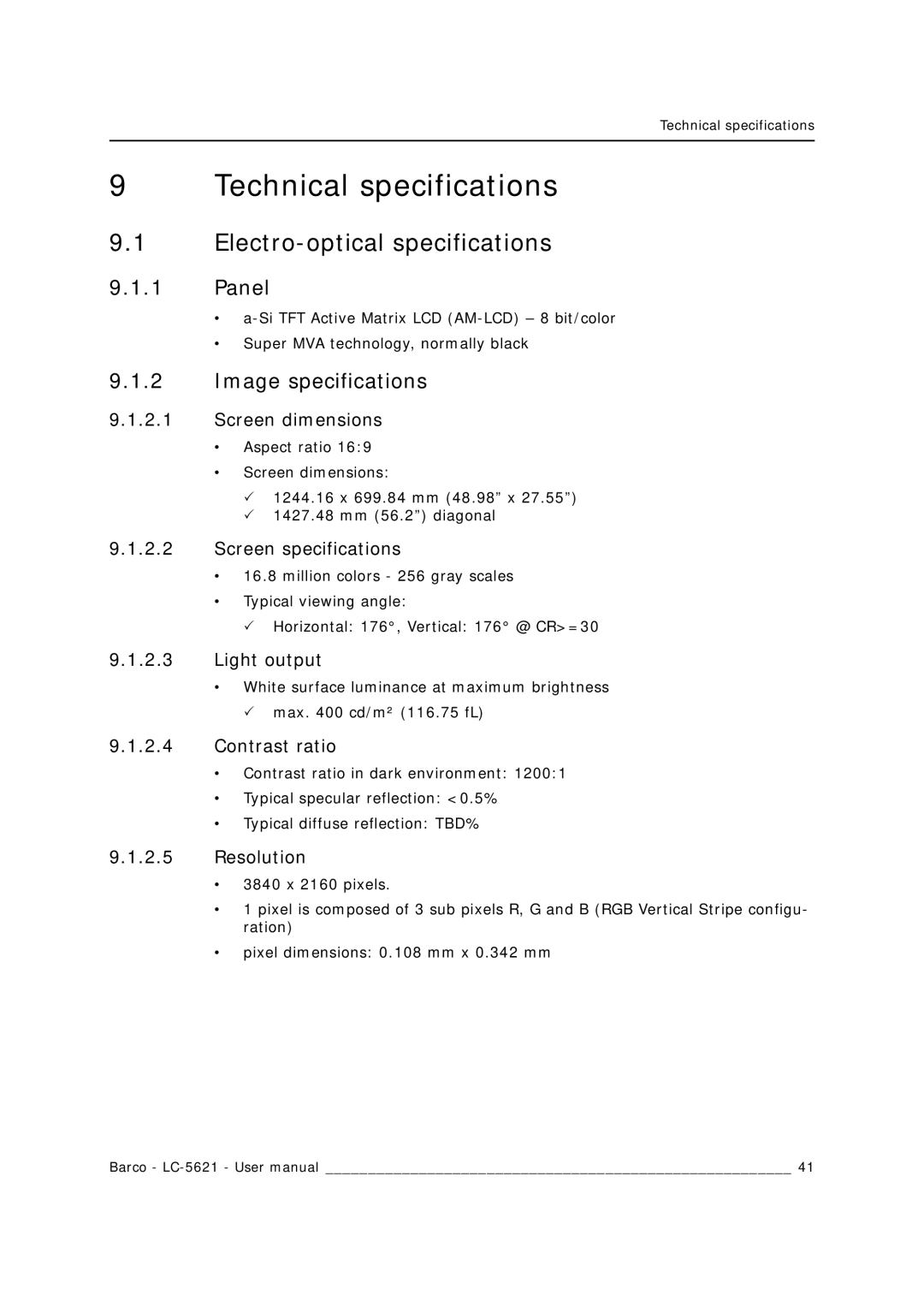 Barco LC-5621 user manual Technical specifications, Electro-optical specifications, Panel, Image specifications 