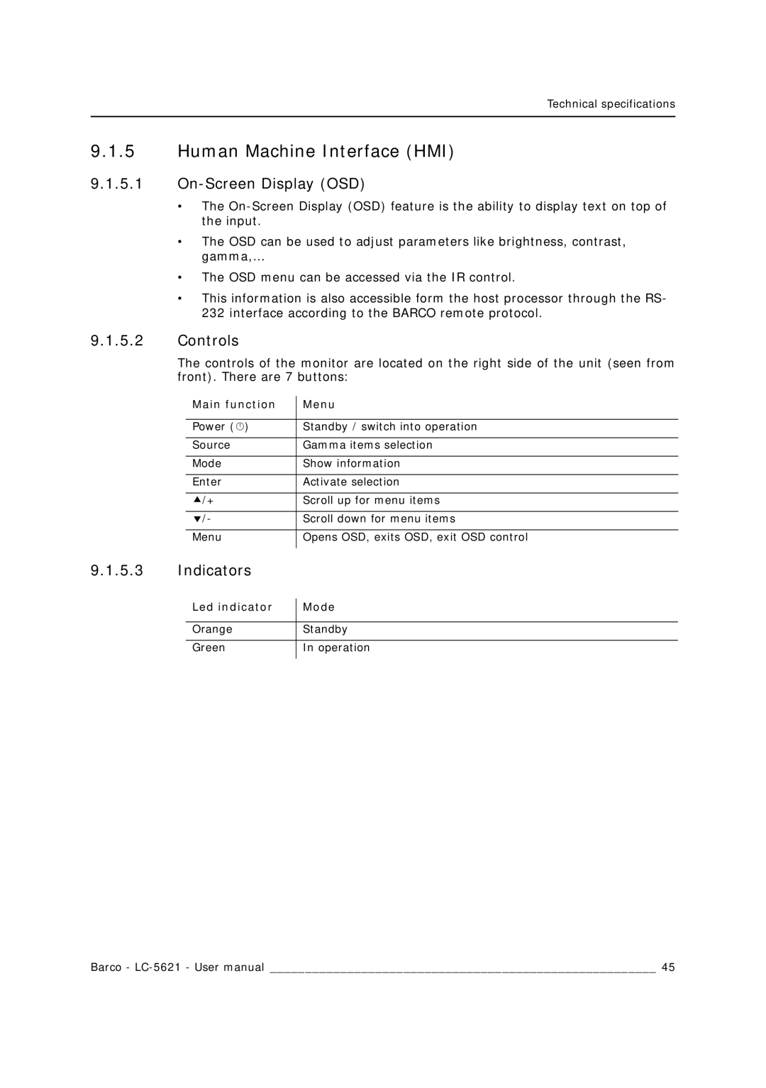 Barco LC-5621 user manual Human Machine Interface HMI, On-Screen Display OSD, Controls, Indicators 