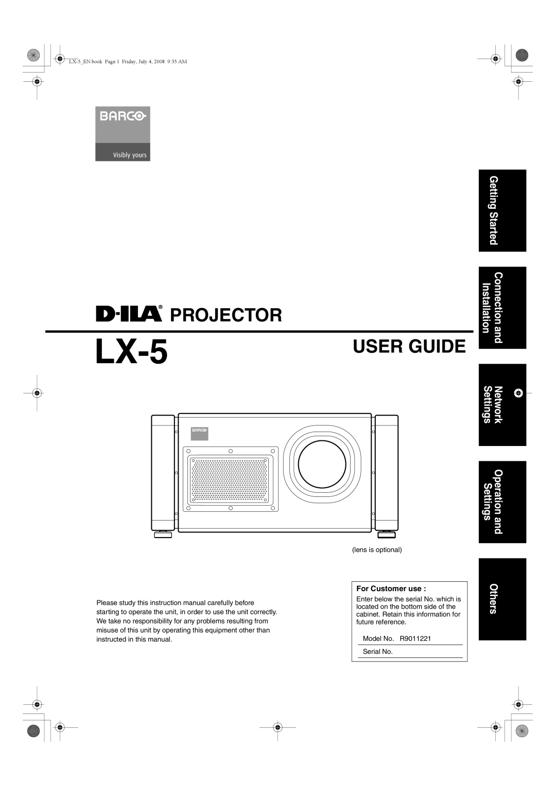 Barco LX-5 instruction manual For Customer use, Lens is optional 