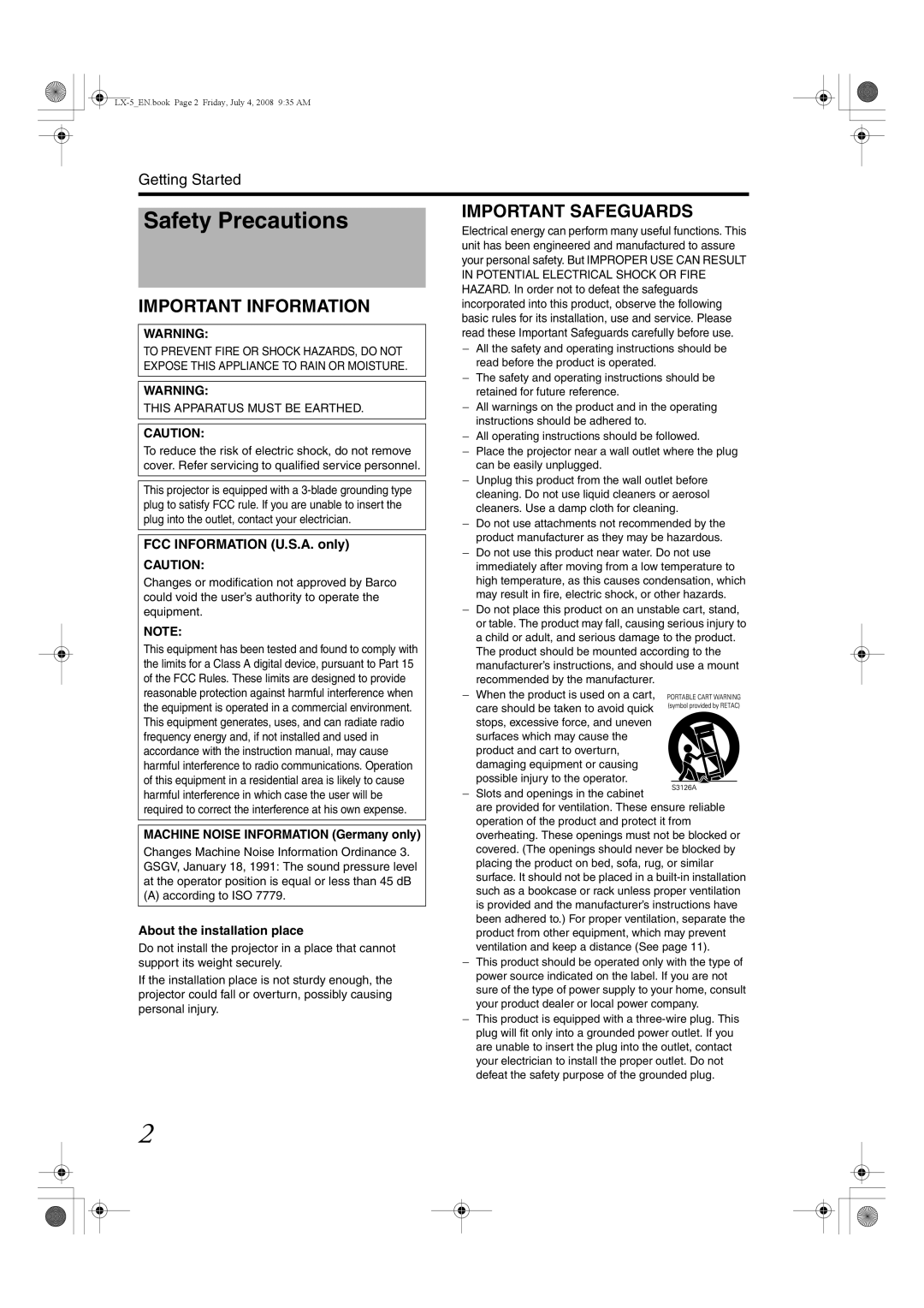 Barco LX-5 instruction manual Safety Precautions, Machine Noise Information Germany only, About the installation place 