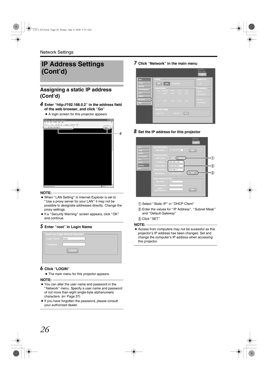 Barco LX-5 instruction manual Assigning a static IP address Cont’d 