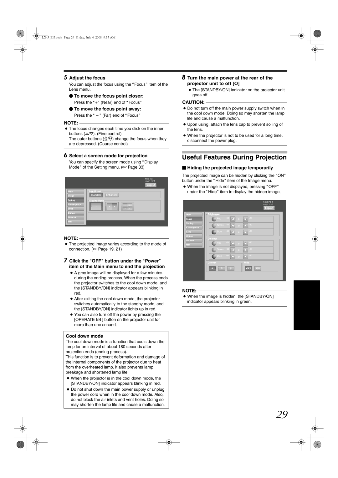 Barco LX-5 instruction manual Useful Features During Projection 