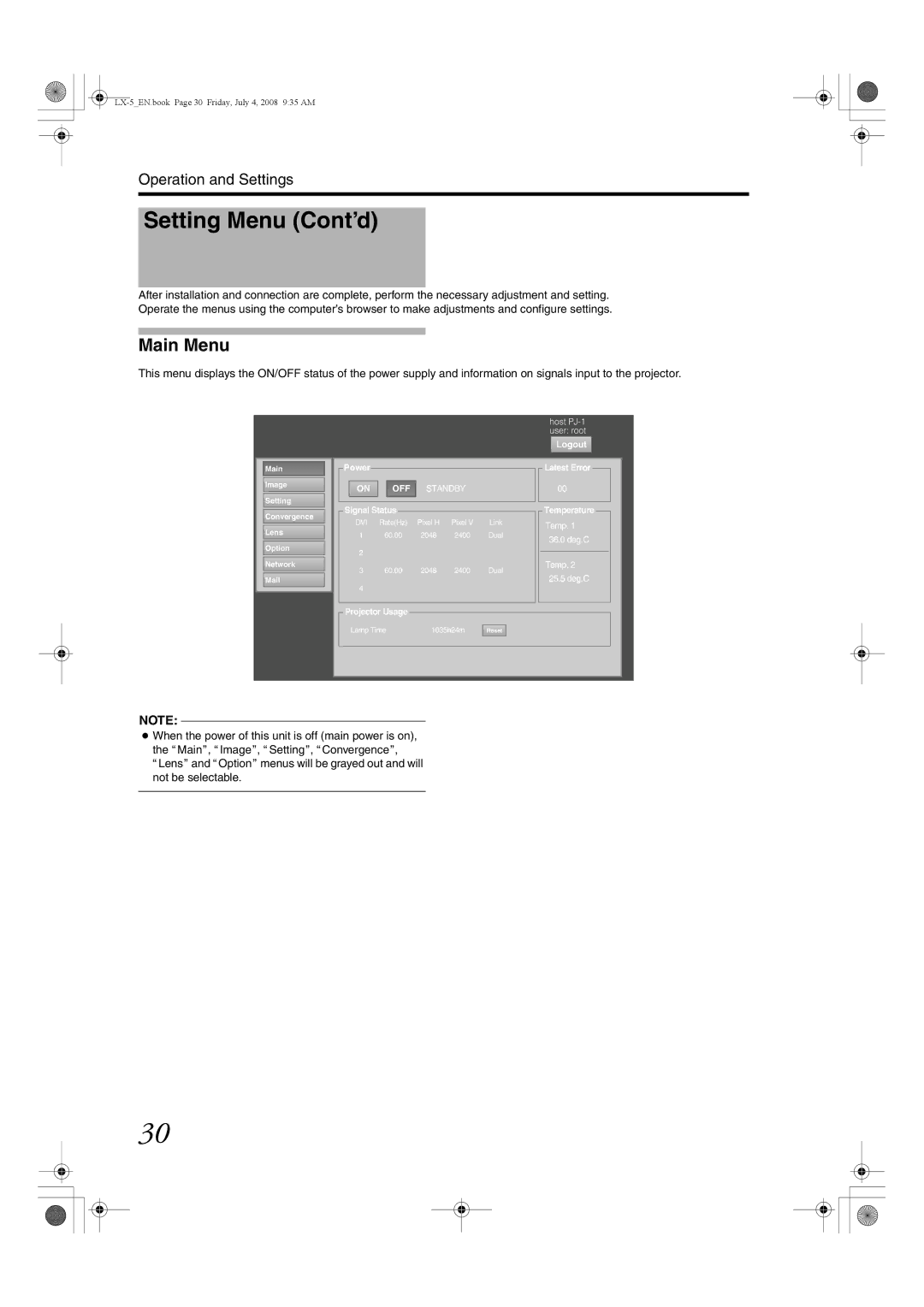 Barco LX-5 instruction manual Setting Menu Cont’d, Main Menu 