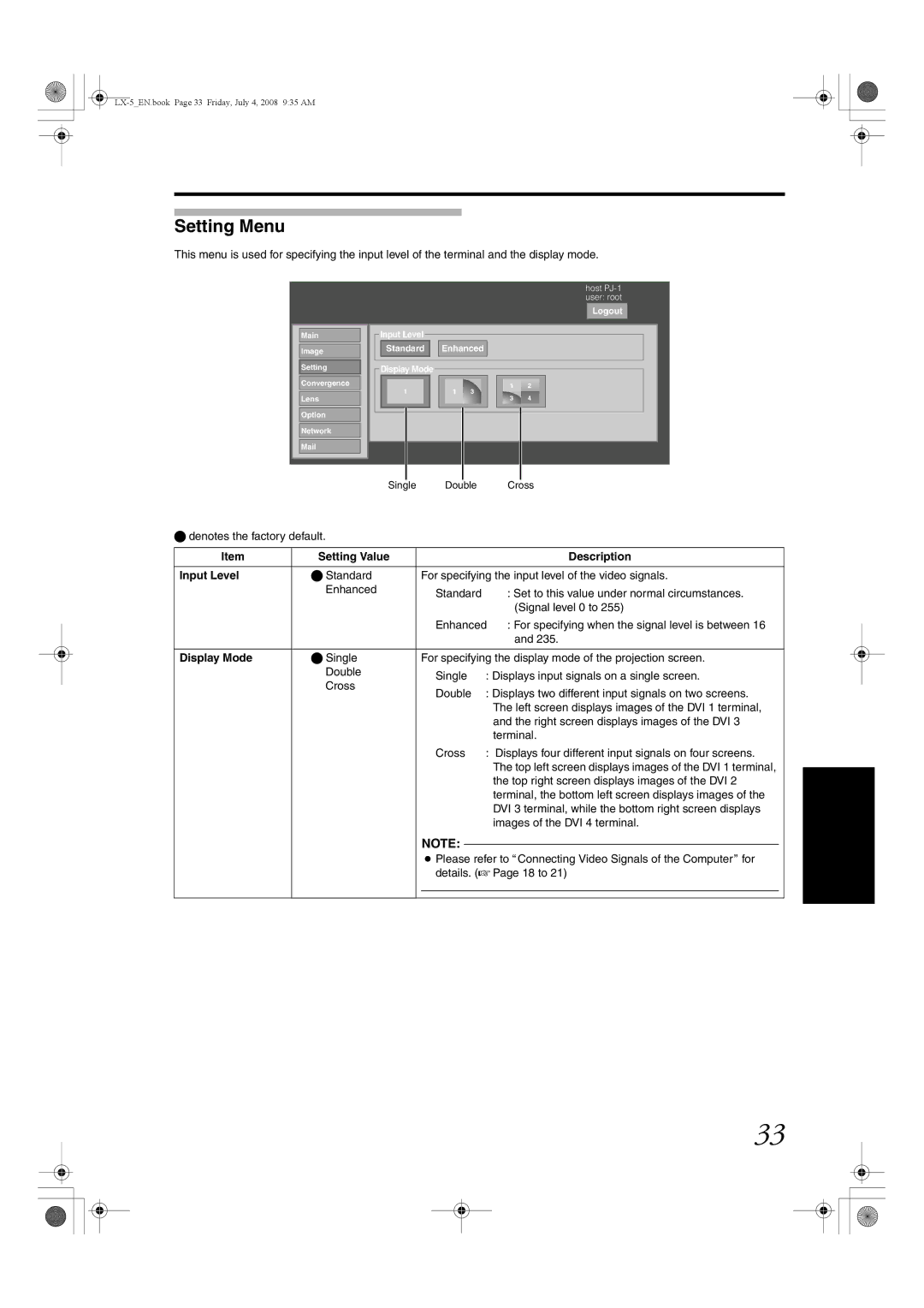 Barco LX-5 instruction manual Setting Menu, Setting Value Description Input Level, Display Mode 