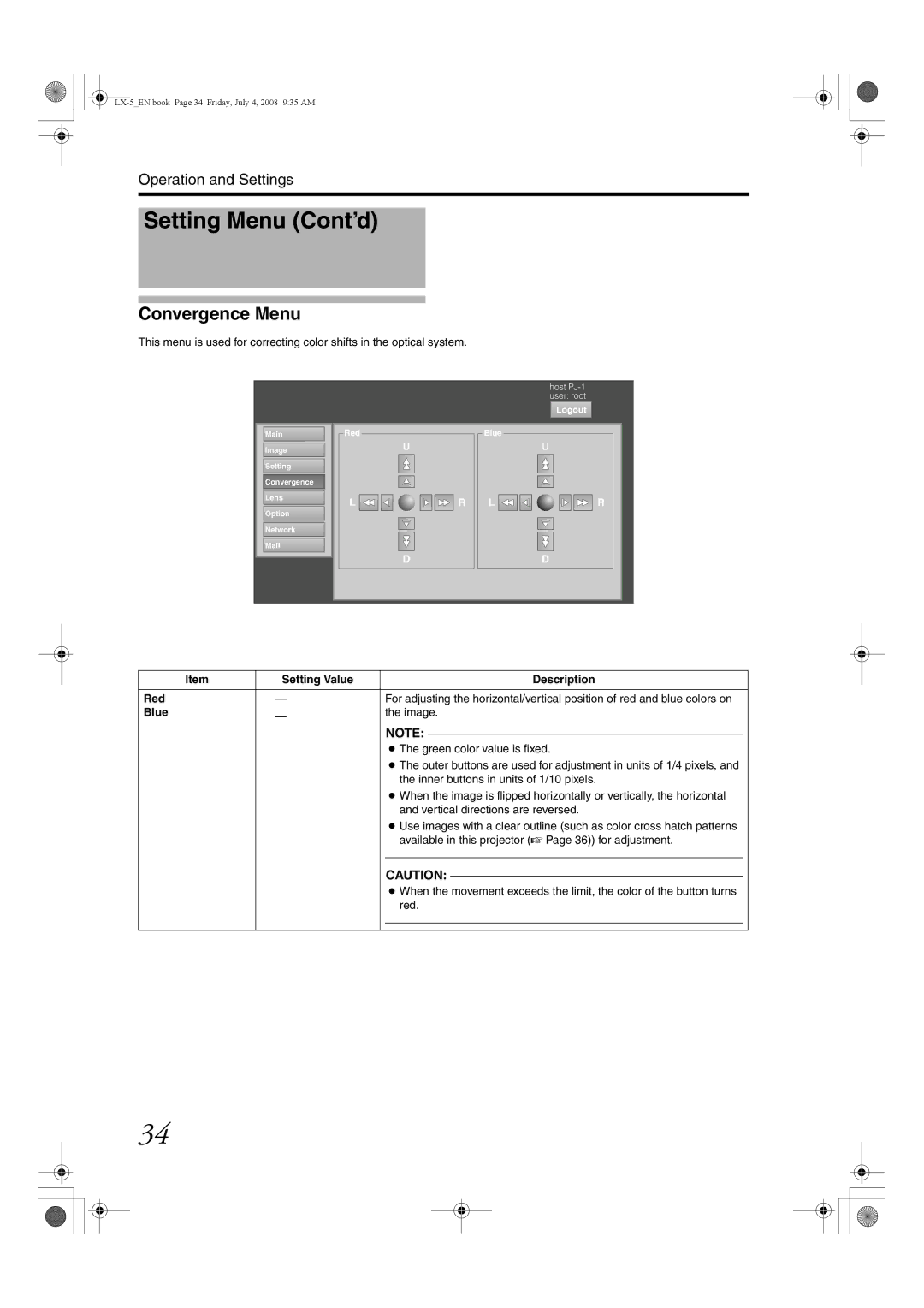 Barco LX-5 instruction manual Convergence Menu, Setting Value Description Red, Image Green color value is fixed 