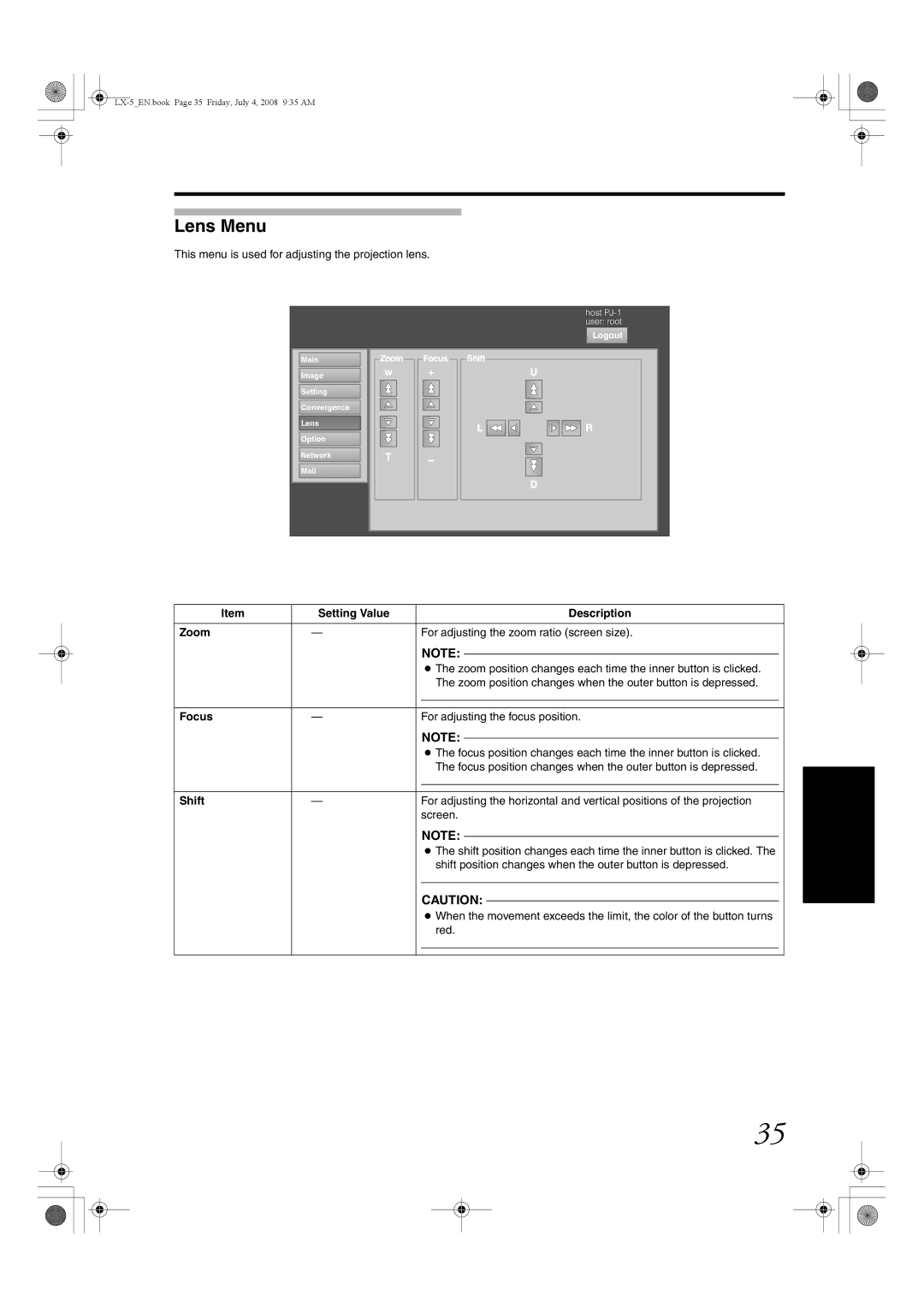 Barco LX-5 instruction manual Lens Menu, This menu is used for adjusting the projection lens, Focus, Shift 