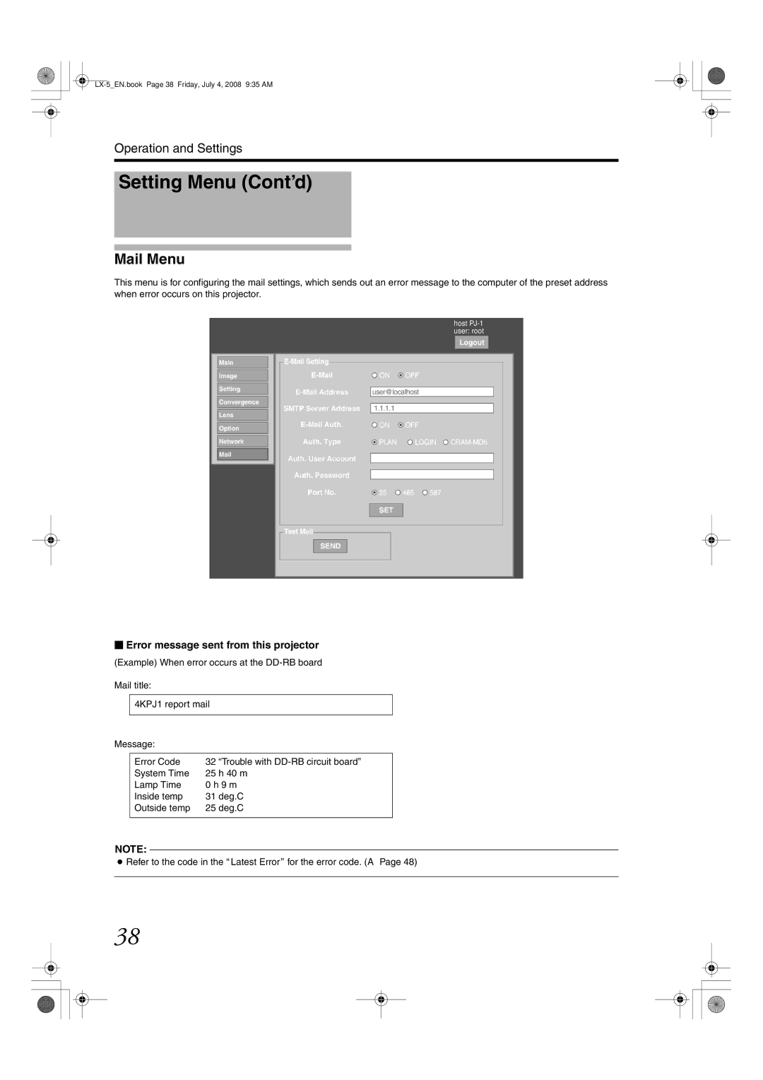 Barco LX-5 instruction manual Mail Menu,  Error message sent from this projector 